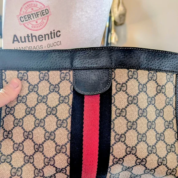 Gucci Vintage Ophidia Sherry Line GG Monogram Supreme  Navy Blue Red Web Clutch - Picture 4 of 14